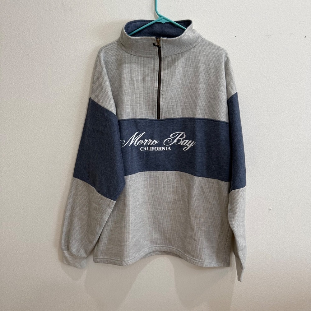 Morro Bay California Mens XL Quarter Zip Pullover Grey Blue Colorblock Sweater